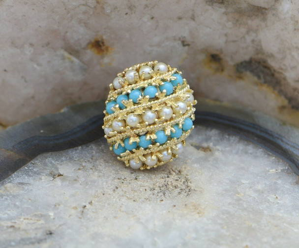 18K Yellow Gold Turquoise and Pearl Studded Egg Ring Circa 1950, Size 6.5