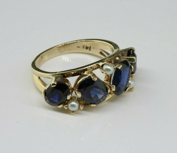 14K YG Synthetic Blue Sapphire and Pearl Accent Ring Size 6.75 Circa 1960