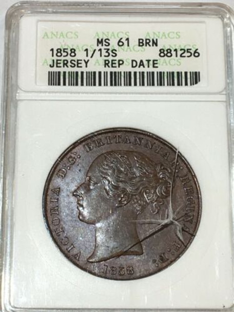 Jersey 1858 1/13 Shilling ANACS MS 61 Brown