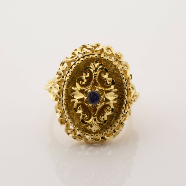 Vintage 18K Yellow Gold Sapphire Baroque Style Ring Size 6.5 Circa 1960