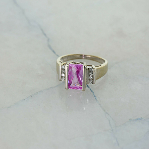 10K Yellow Gold Manmade Pink Sapphire and Diamond Ring Size 7.75