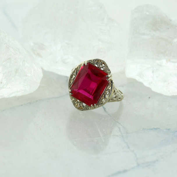 Art Deco 14K White Gold and Red Spinel Ring Size 6