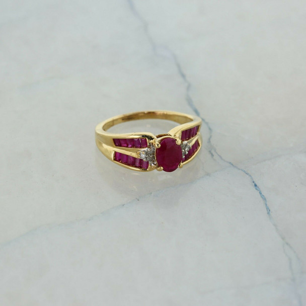 10K Yellow Gold Ruby Ring with Round and Baguette Diamond Accents Size 7.25