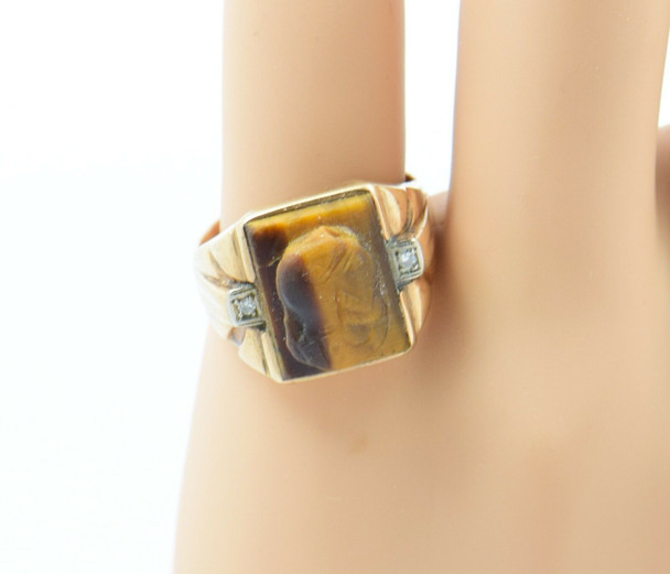 10k Yellow Gold Men's Tiger Eye and Diamond Knights Head Cameo Ring, Size 10.25