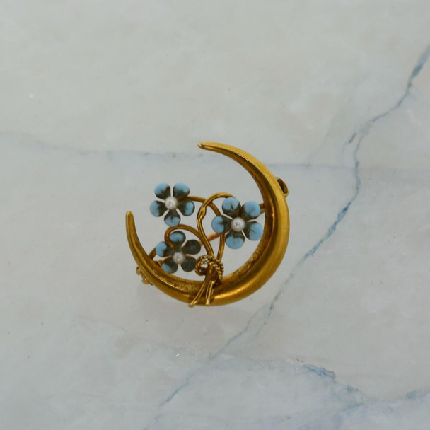 14K Yellow Gold Crescent Moon Pin with blue enameled Seed Pearls Circa 1900