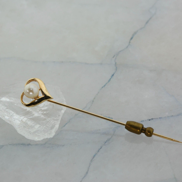 14K Yellow Gold Pearl Heart Stick Pin Circa 1980