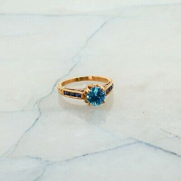 14K Rose Gold Blue Zircon with Sapphire and Diamond Ring Size 6.75