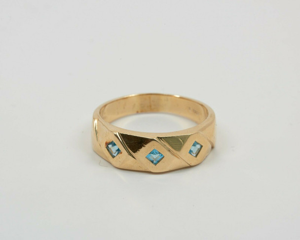 14K Yellow Gold Men's 3 Stone Aquamarine Ring Circa 1980, Size 12.75