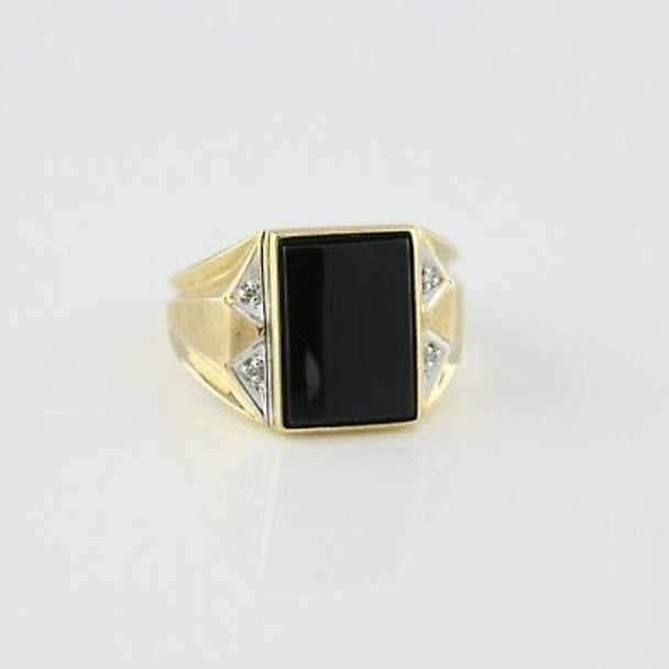 10K Yellow Gold Black Onyx and Diamond Ring Size 10.25 Circa 1950