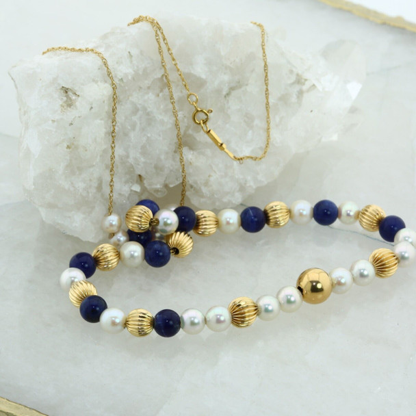 14K Yellow Gold Pearl and Lapis Bead Necklace, Circa 1960