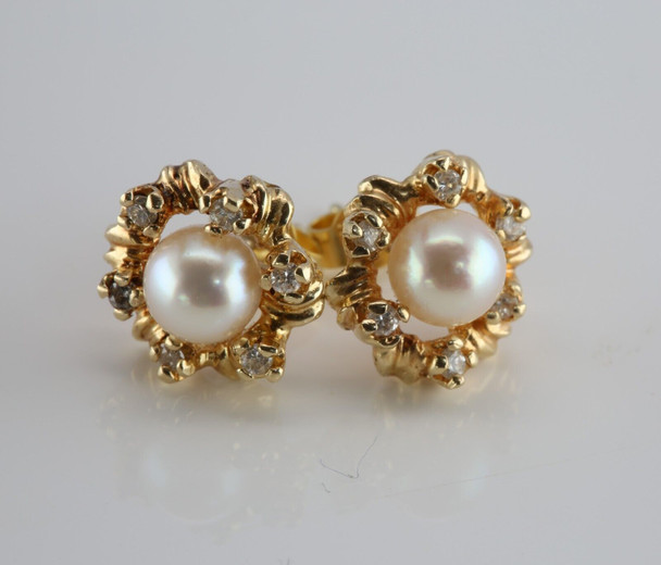 14K Yellow Gold White Pearl and Diamond Studs Circa 1980