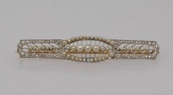 Platinum & 14K Edwardian Bar Pin with Diamonds and Pearls, Circa 1920