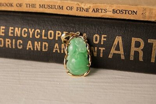 14K Yellow Gold Carved Jade Pendant - "Happiness, Prosperity & Longevity"