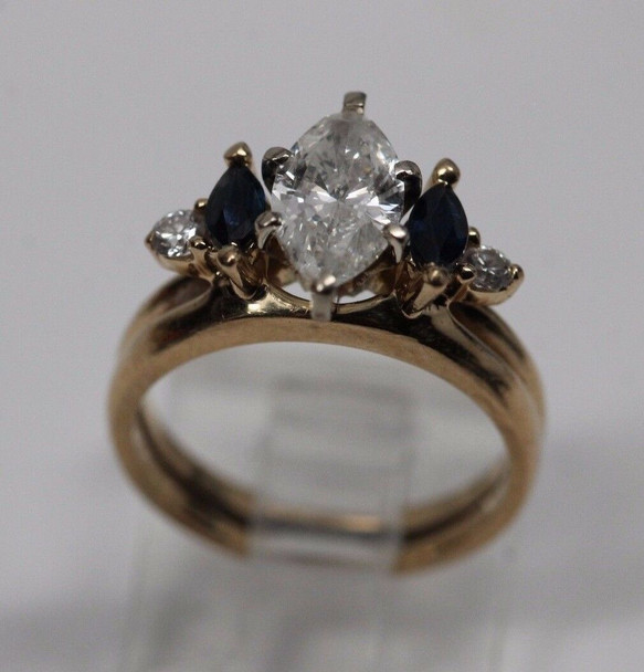 14K Yellow Gold Marquise Diamond and Sapphire Double Band Ring , Size 5