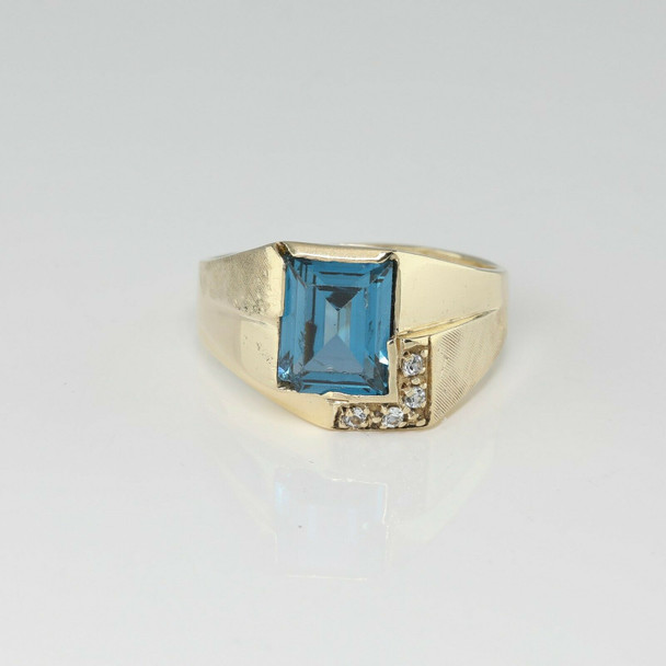 10K Yellow Gold Blue Stone and Diamond Ring Art Deco Style Size 11.25 Circa 1960
