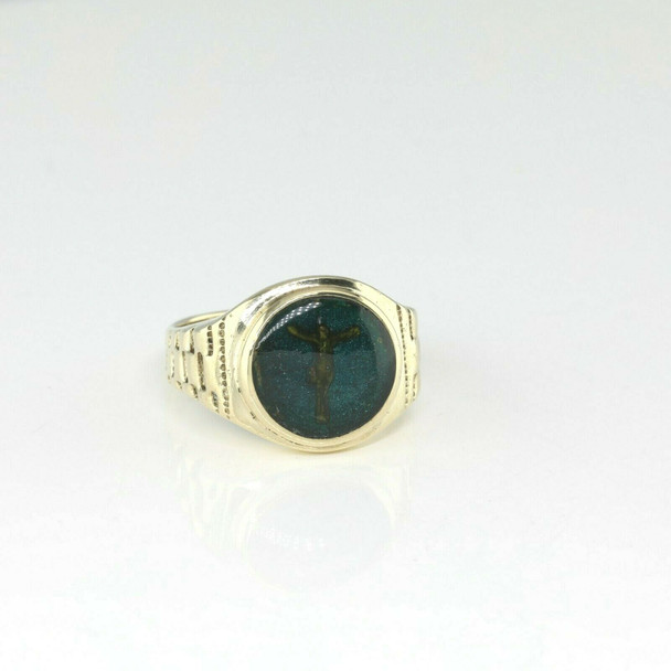 10K Yellow Gold Crucifix Ring with Blue Spangle Round Center Size 7.75