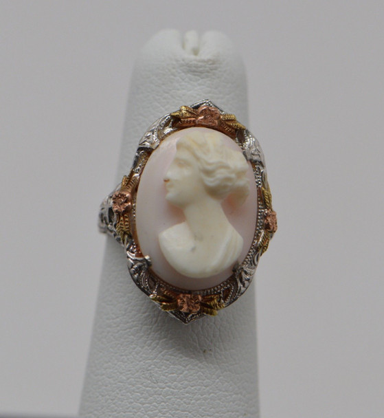 10K White Gold Coral Cameo Ring Size 4, Circa 1950