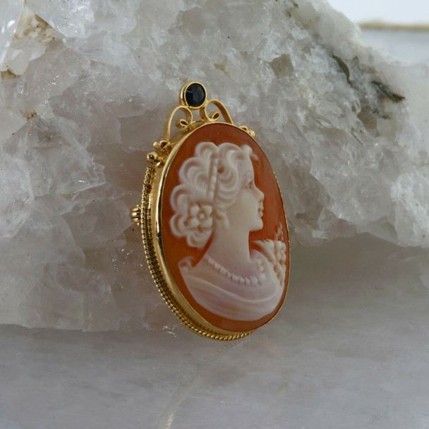 14K Yellow Gold Shell Cameo Brooch Pendant Italy Circa 1970