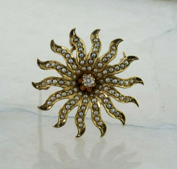 10K Yellow Gold Pearl and Diamond Sunburst Pin/Pendant Mine Cut Diamond Center