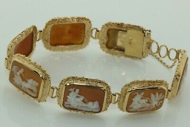 14K Yellow Gold Shell Cameo Bracelet with Chariot Racers