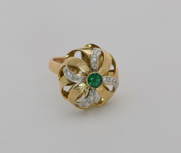 14K Yellow Gold Emerald and Diamond Ring Circa 1960 , Size 7.5