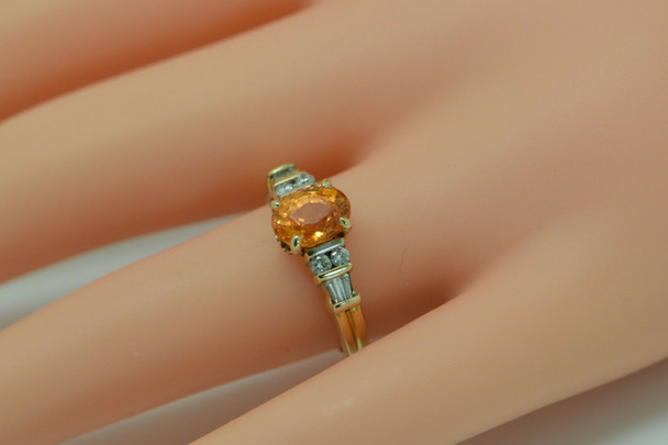 18K Yellow Gold Orange Topaz and Diamond Ring Circa 1980, Size 7