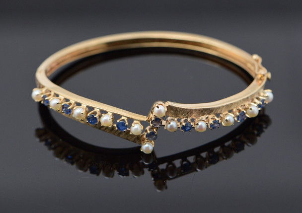 14k Yellow Gold Pearl and Sapphire Hinged Bangle Bracelet