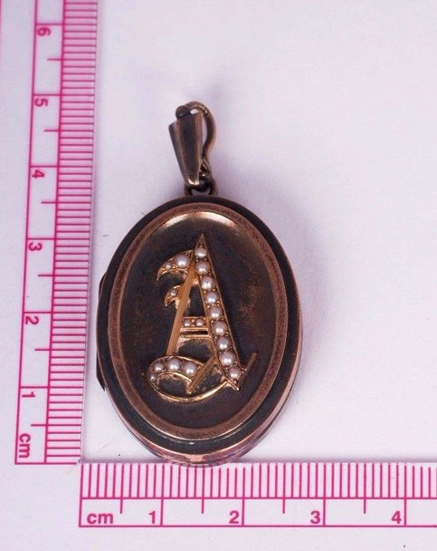 14K Victorian Yellow Gold locket with Letter "A" and Seed Pearls, Vintage Photo