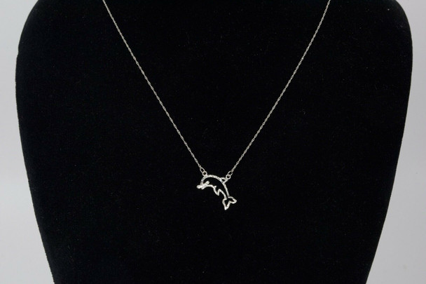 10K White Gold Necklace with Dolphin Pendant, 17" Long