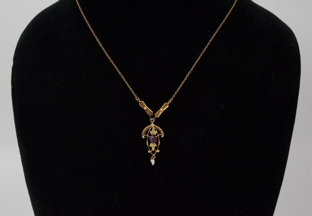 10K Yellow Gold Necklace with Purple Stone & Pearl Filigree Pendant, 15" Long