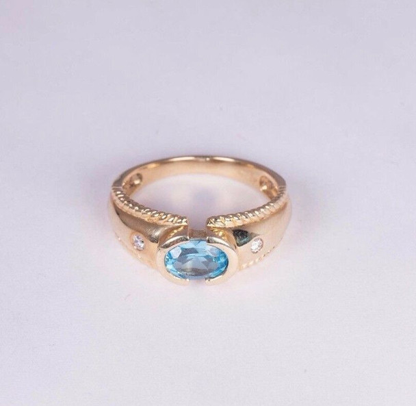 14K Yellow Gold Blue Topaz and Diamond Ring, size 7