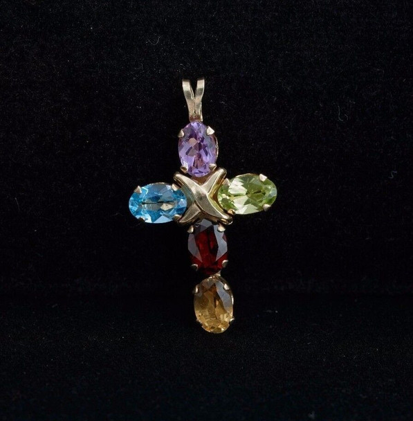 10k Yellow Gold Cross Pendant w/Amethyst, Citrine, Peridot, Garnet & Blue Topaz