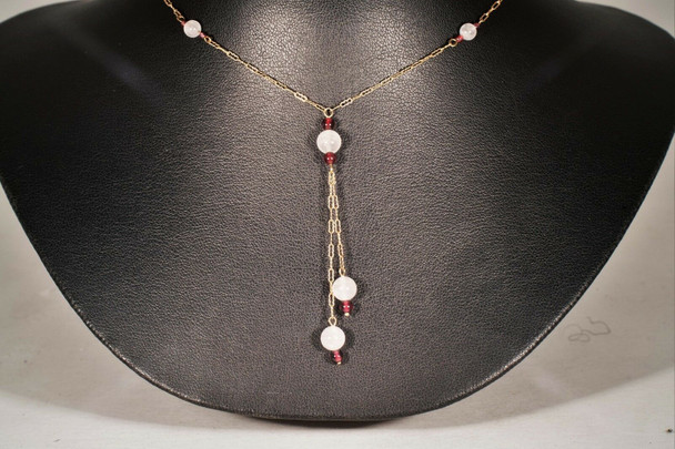 10K Yellow Gold Necklace With Rose Quartz and Ruby Cabochon Balls on a 16" Chain