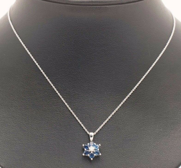 14K White Gold Necklace With Sapphire and Diamond Pendant, 16" long