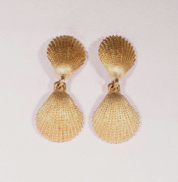 14K Yellow Gold 2 Tiered Shell Design Post/Dangle Earrings