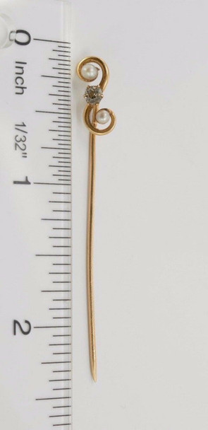 Vintage 14k Yellow Gold Stick Pin with Seed Pearl and Diamond, circa 1920's