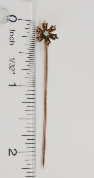 Vintage 14k Yellow Gold Stick Pin with Opal & Seed Pearl, Floral Design
