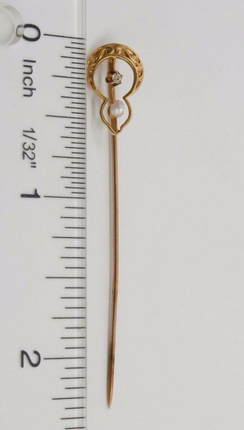 Vintage 10k Yellow Gold Stick Pin with Diamond and Pearl