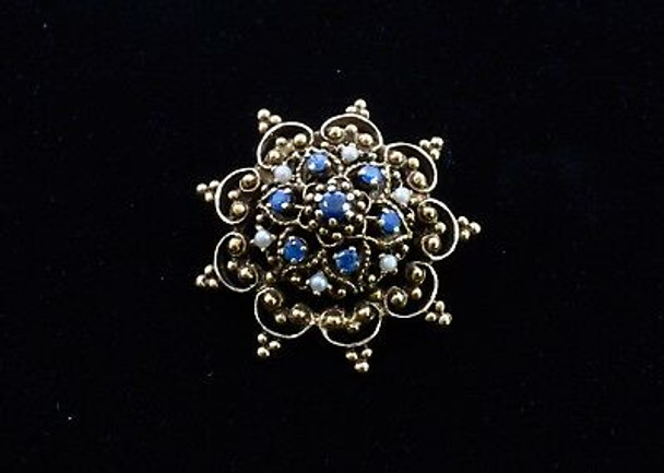 14K Yellow Gold Pin/Brooch w/Sapphires and Pearls,Floral Style, Circa 1950's