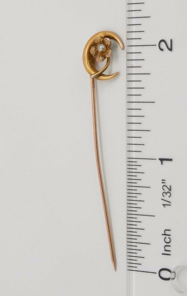 Vintage 14k Yellow Gold Stick Pin with Pearl, Flower and Crescent Moon Design