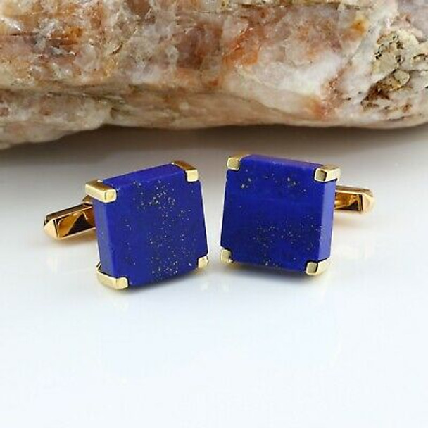 14K Yellow Gold Lapis Lazuli Square Flat Cufflinks Circa 1970