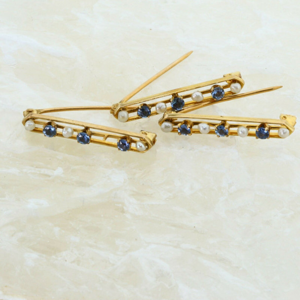 Set of 3 Sapphire and Pearl Bar Pin set in 10K Yellow Gold Circa 1930