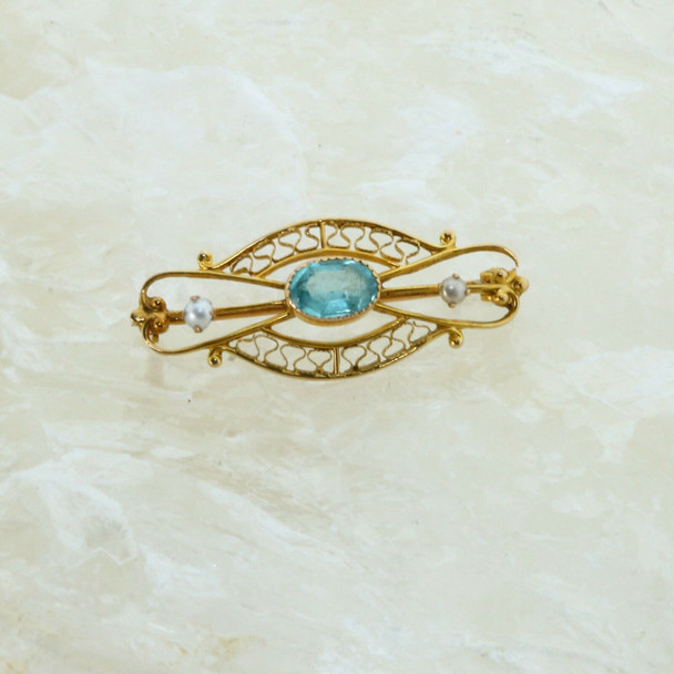 10K Yellow Gold Blue Stone and Pearl Pin Filigree Design Circa 1930