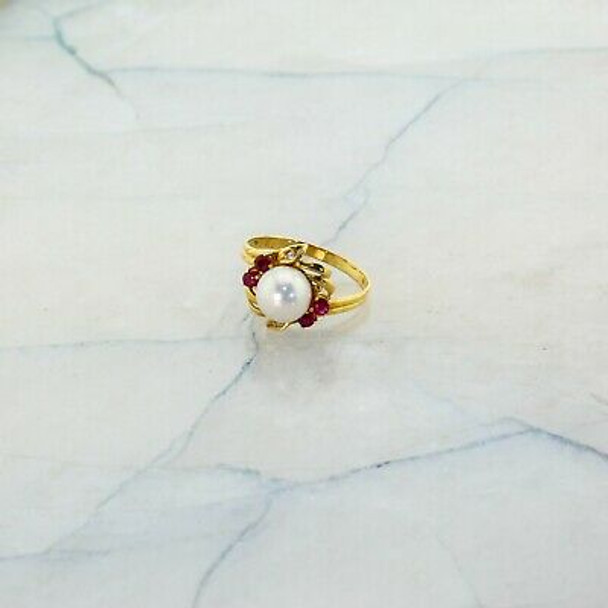 14K Yellow Gold Pearl, Ruby and Diamond Ring Size 5.5