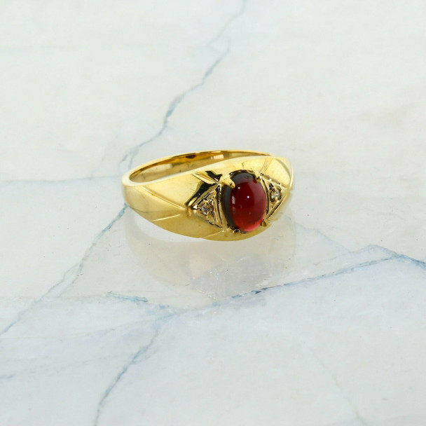 10K Yellow Gold Garnet and Diamond Mens Ring Cushion Cut Center Size 10