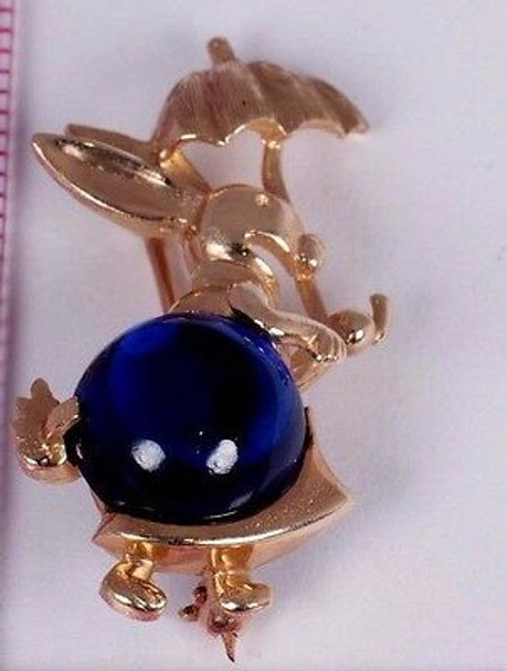 14K Yellow Gold "Rabbit" Brooch/Pin with Blue Cabochon Stone