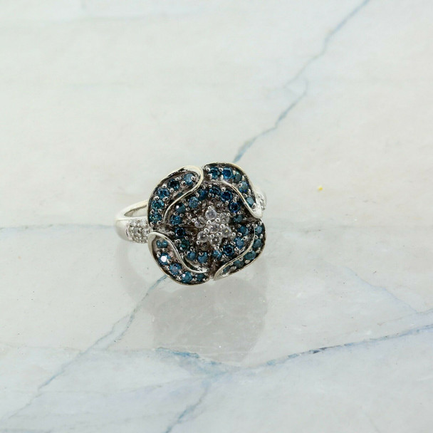 Sterling Silver 1/2 ct tw Blue and White Diamonds Flower Ring Size 6.25