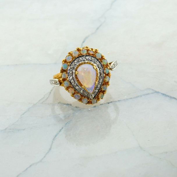 Large 14K Yellow Gold Opal and Diamond Cocktail Ring Size 8.75