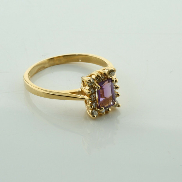 14K Yellow Gold Amethyst Diamond Halo Ring Size 6