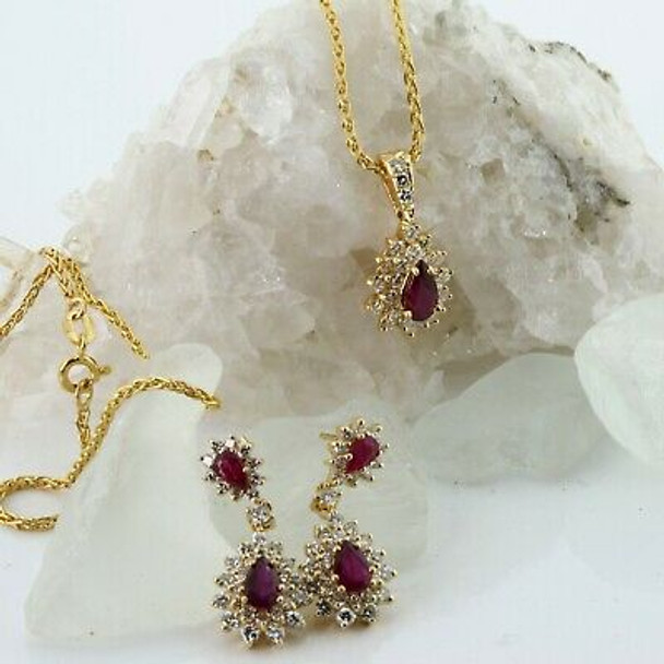 14K YG 6 ct Total Weight Ruby and Diamond Necklace and Earrings Set Circa 1970